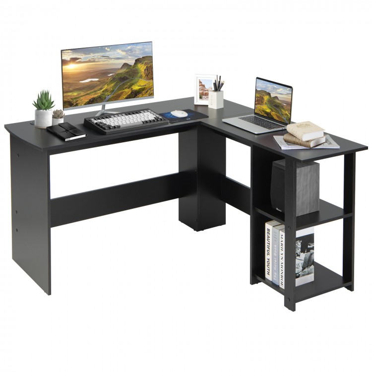 L-shaped computer desk with storage shelves, crafted from durable engineered wood, ideal for home office organization.
